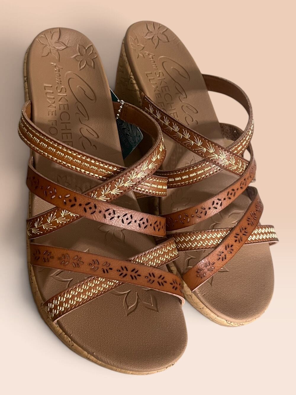 Skechers Beverlee Vegan Wedge Strappy Sandals Tiger Posse Luggage Size 9 NWB